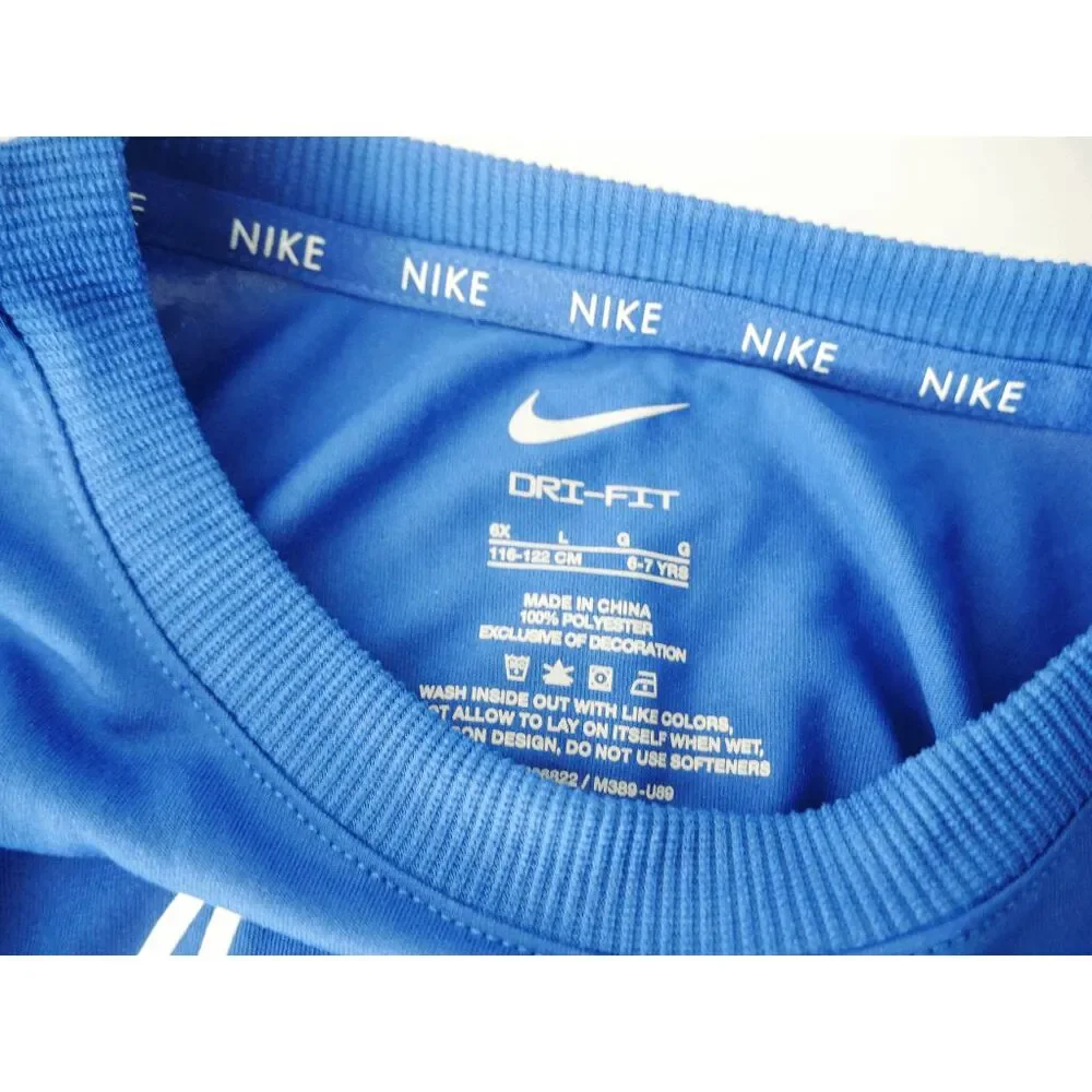 Nike Girls Blue Dri-FIT T-Shirt Size 6-7 kids Athletic Performance Swoosh Tee